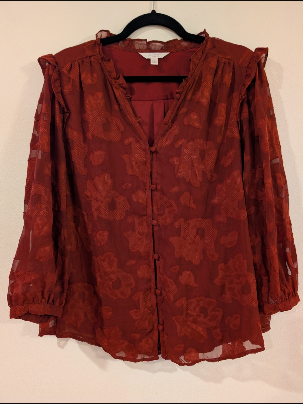 LC Lauren Conrad Rust Floral Sheer Button-Up Blouse